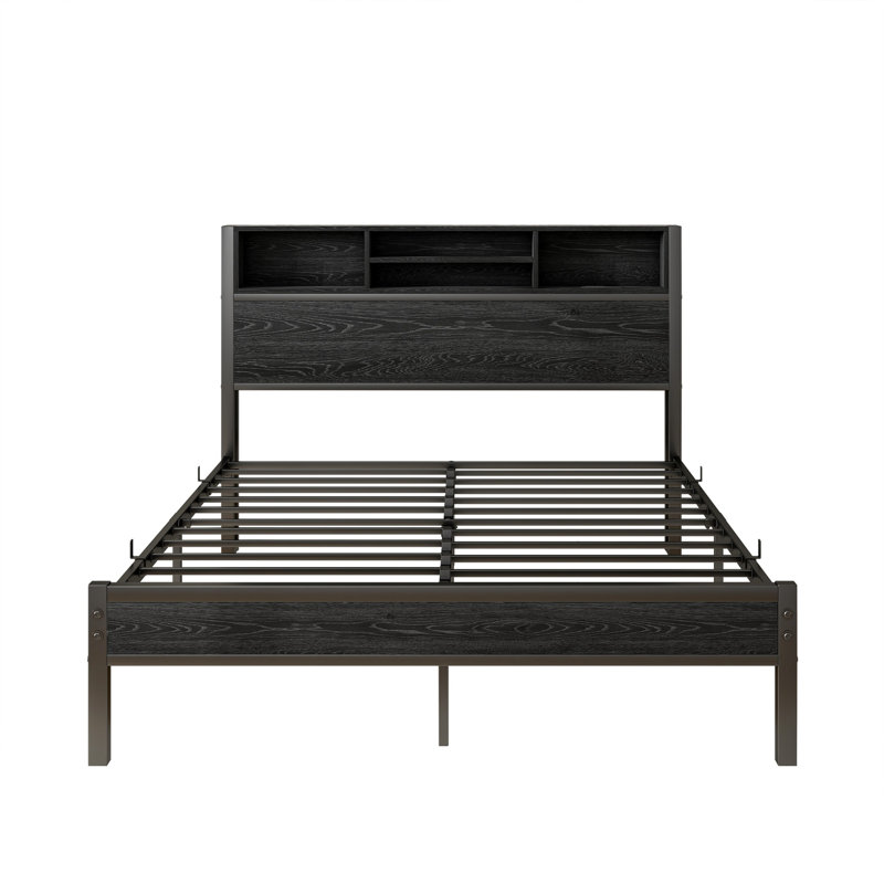 Structure de lit double avec tête de lit, lit plateforme en métal avec station de charge, rangement pour bibliothèque, aucun sommier requis, assemblage facile, silencieux, noir 