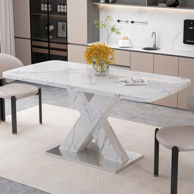 Table de salle à manger moderne, extensible, avec plateau de table en marbre blanc imprimé et panneau de fibres à densité moyenne