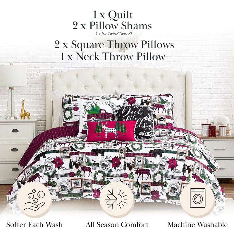 Ensemble de courtepointe réversible en microfibre rouge / blanc Merry Town, Courtepointe pour grand lit + 5 pièces supplémen