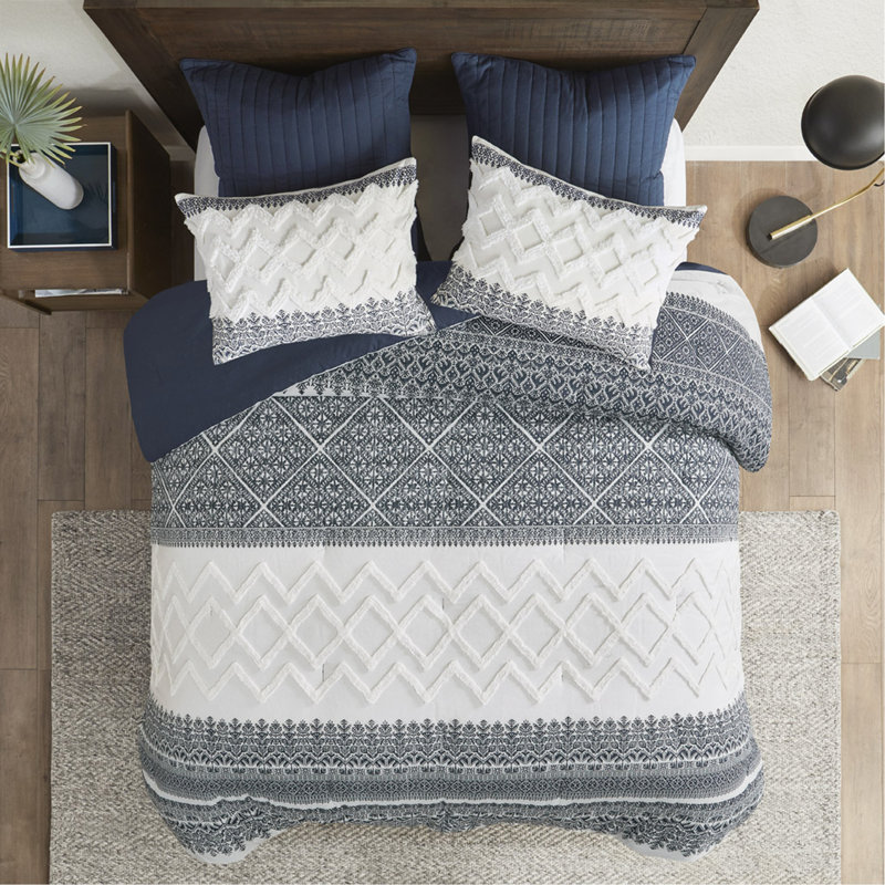 3 Piece Cotton Comforter Set With Chenille Tufting Navy King, King Comforter + 2 Shams, Navy