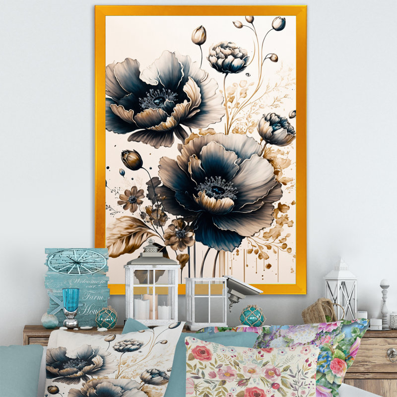 Fleurs de coquelicot bleu marine et or I - reproduction de cadre photo sur toile