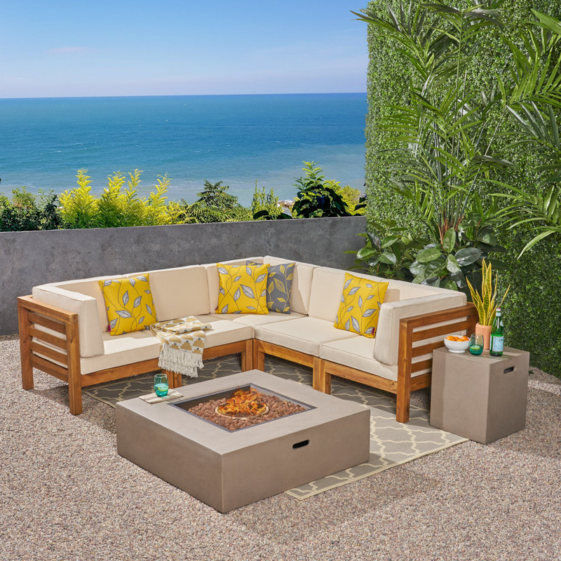 Ajanai 4 - Person Modular Patio Conversation Sets with Cushions, Teak Frame / Beige Cushion