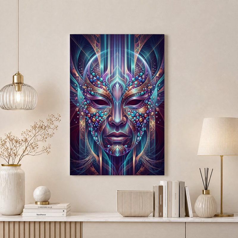 Tableau sur toile représentant un masque lumineux symétrique aux accents turquoise et or, H 24 po x l 16 po