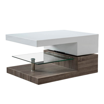 Table basse rotative contemporaine avec tablettes en verre trempé - étagères blanches élégantes