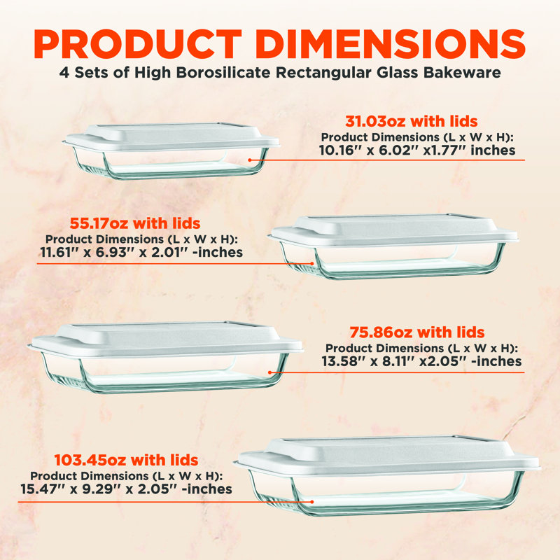 White Borosilicate Glass Rectangular Bakeware Set with BPA-Free Lids