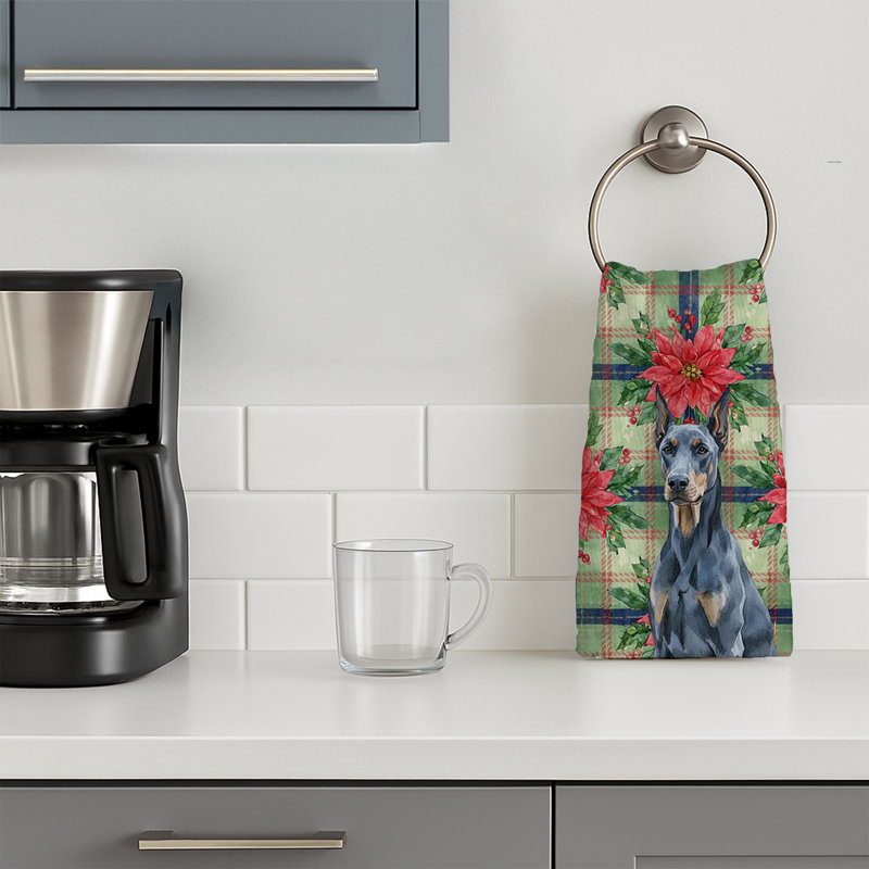 Blue Doberman Pinscher Christmas PoinsettIas Kitchen Towel, Blue Doberman Pinscher