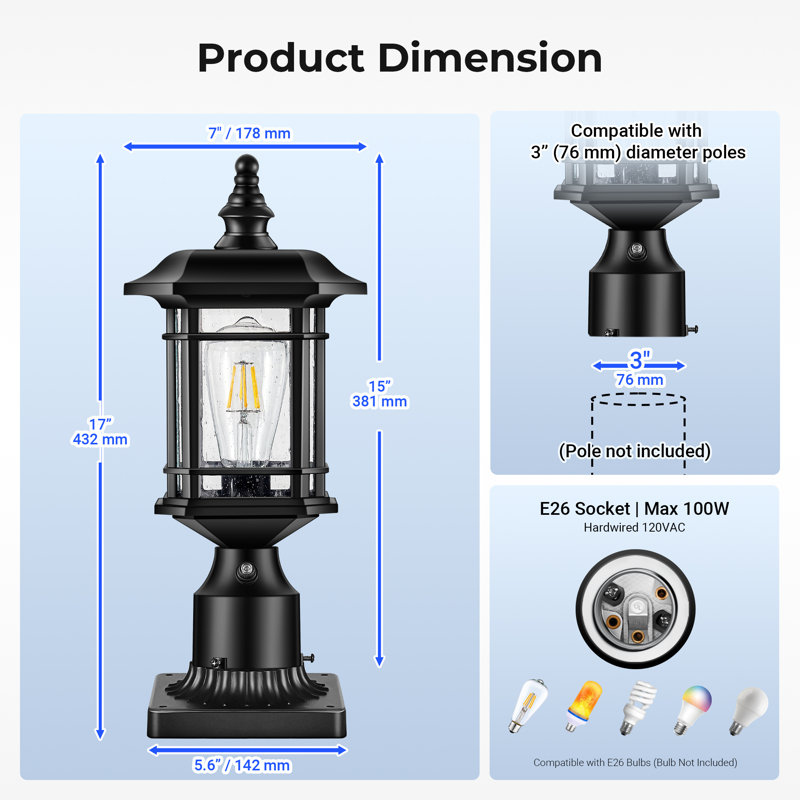 Dusk to Dawn Black (Hardwired 120V) Post Lantern with Pier Mount Base