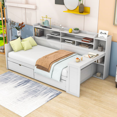 Wood Daybed with Storage Shelves,2 Storage Drawers and Study Desk by Lark Manor