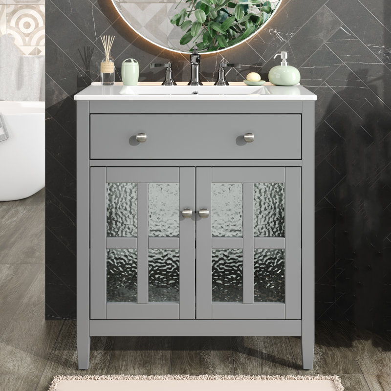 Meuble-lavabo de 30 pouces avec lavabo en céramique avec tablettes réglables et plateau réversible, Gris