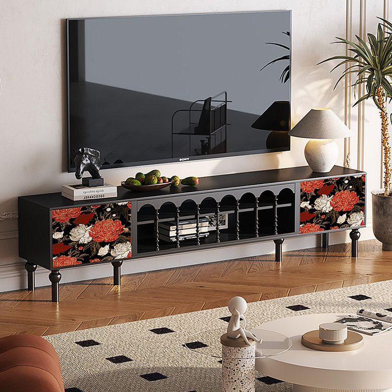 Meuble télé avec rangement peint français rétro, H 21,26 po x L 86,61 po x l 15,75 po, Noir