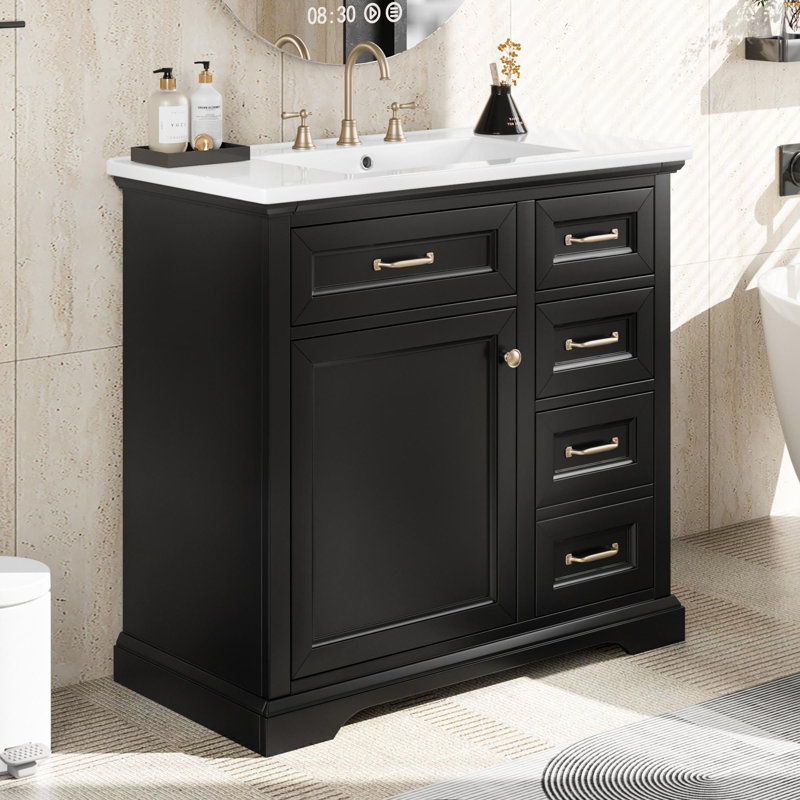 Meuble-lavabo 36 po avec lavabo en céramique, Noir et or
