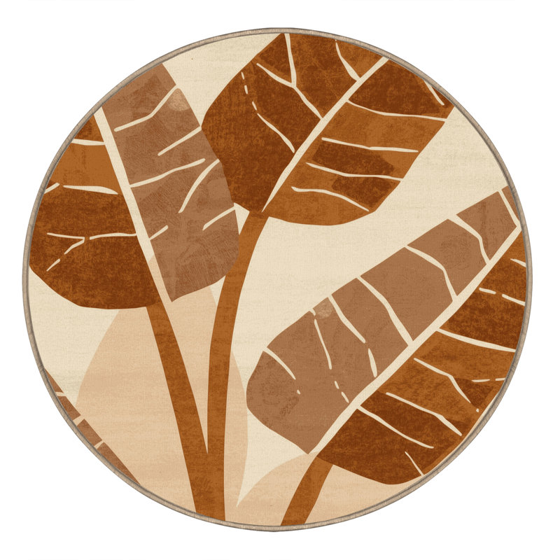 Tapis beige lavable à la machine à motif de feuilles de bananier à motifs géométriques modernes - reliure beige, Rond 3 pi