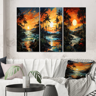 «Palm Trees Tropical Pointillism», 3 pièces sur toile