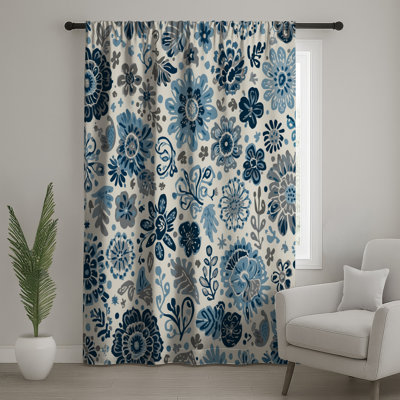 Blue Grey Floral Pattern Window Curtains, Floral Sheer & Blockout Curtains - 1 Panel