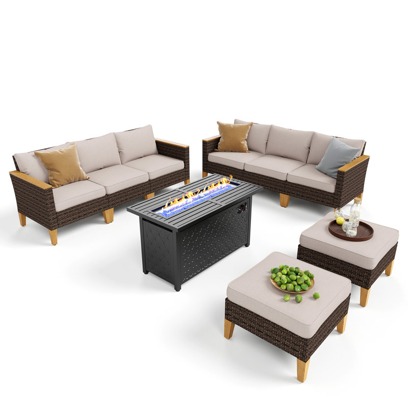 Phenice 9 - Person Wicker Outdoor Patio Conversation Furniture Sectional Set with Fire Pit Table
