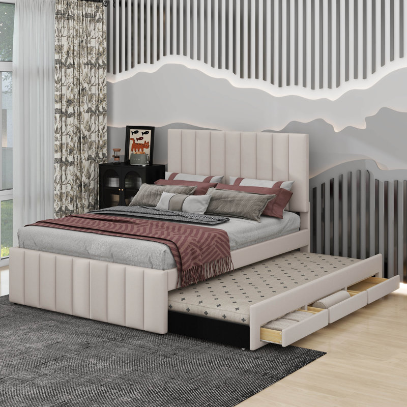 Lit plateforme double tapissier avec lit gigogne et 3 tiroirs, Beige