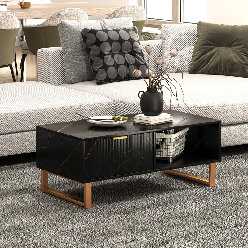 HOMCOM Coffee Table, Living Room Table with Drawer and Open Shelves, Black