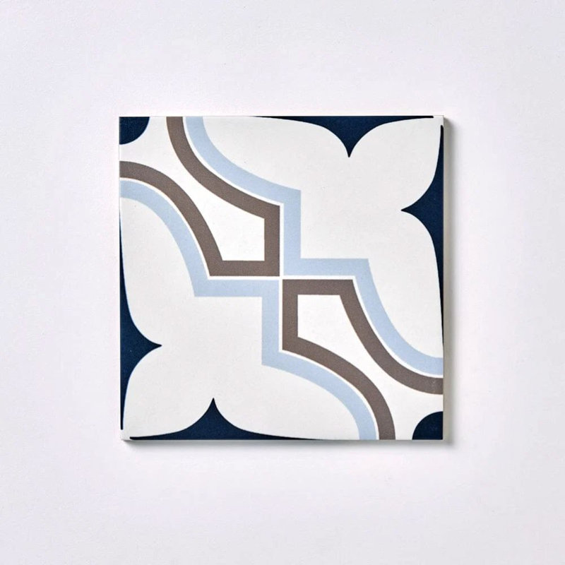 Casablanca Encaustic‑Look Patterned Porcelain Floor & Wall Tile, 8" x 8", White/Baby Blue/Dark Gray/Deep Blue, Patterned