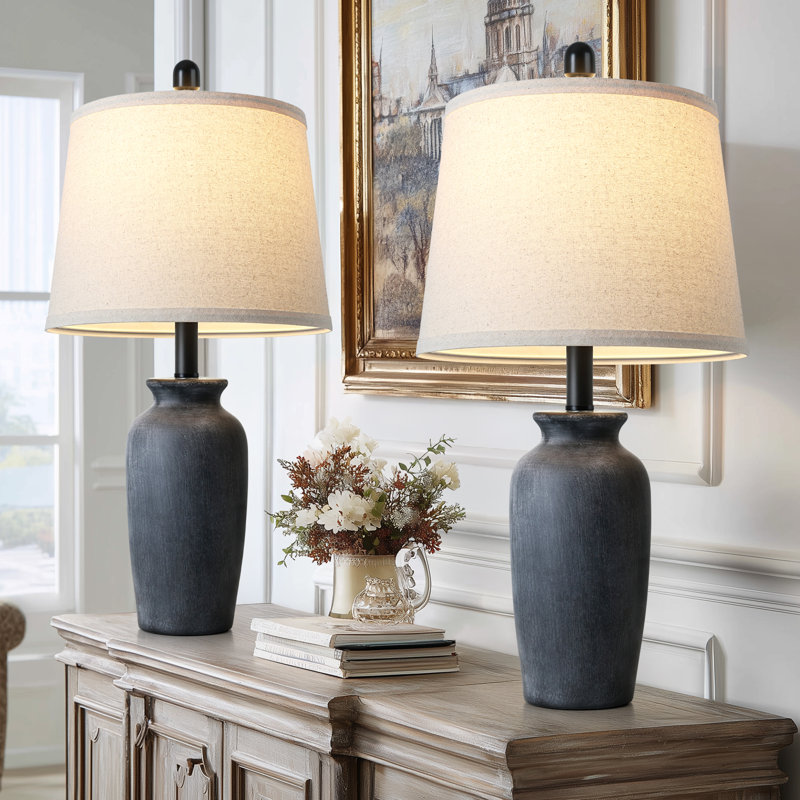 Lampe de table 24,5 po en céramique moderne avec abat-jour en tissu avoine, interrupteur à 2 voies, ampoule DEL 3000K incluse