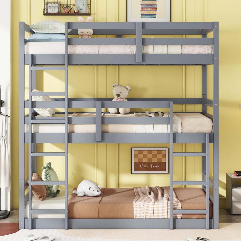 Natural Rubber Wood Triple Watsons Bunk Bed Featuring Two Built-In Ladders, Guardrails, And Detachable Design, Gris