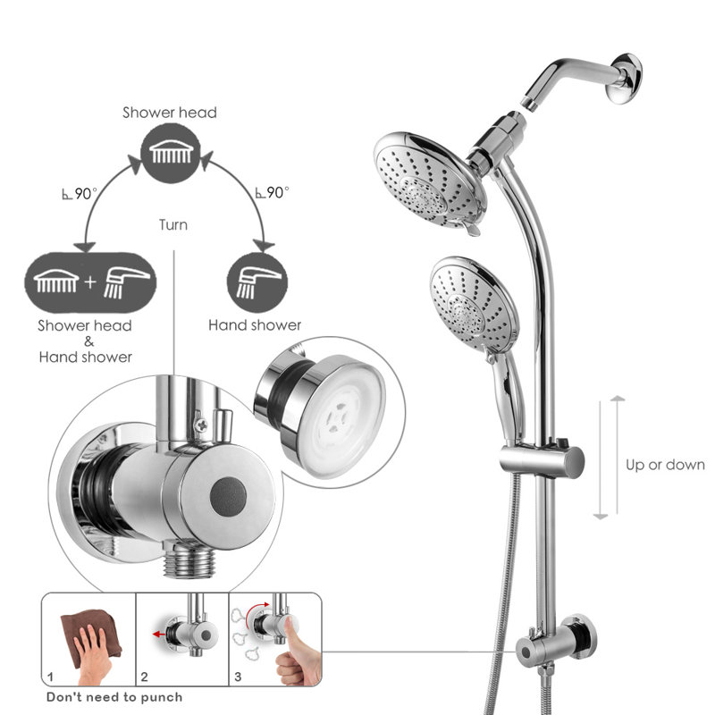 5-Setting Dual Shower Head Combo, Chrome Rain Shower with Handheld, 60" Hose & Adjustable Slide Bar, Chrome