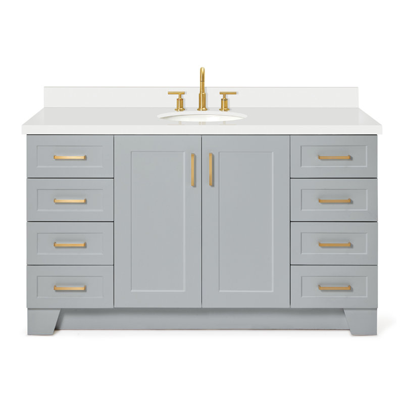 61 IN.  Single Bathroom Vanity, Gray, Oval, White Quartz