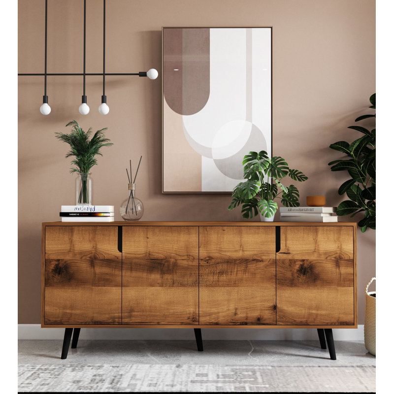 Buffet 71 po de largeur Mid-Century moderne avec pieds en bois, Noyer