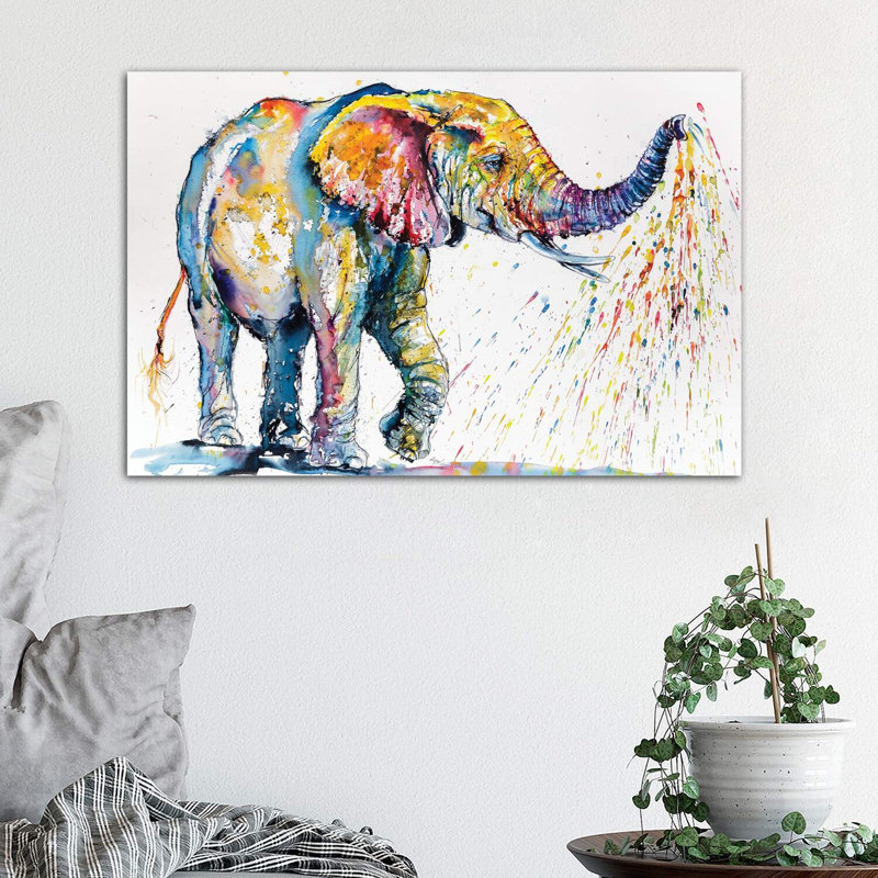 Playing Colourful Elephant by Anna Brigitta Kovacs - Wrapped Canvas Painting, 45.72 cm H x 66.04 cm W x 1.91 cm D