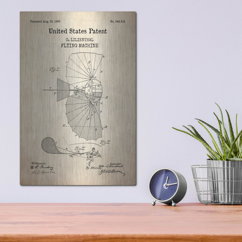 " Flying Machine Blueprint Patent Parchment, " by Patents, 16" H x 12" W