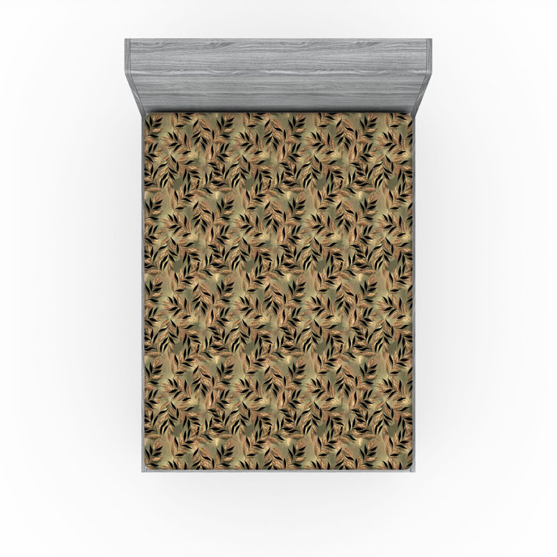 Ambesonne Nature Fitted Sheet Leaves Botanical Style Art, California King Fitted Sheet, Army Green/Mustard/Black Floral