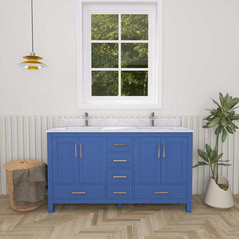Meuble-lavabo 60 po avec lavabo double et trou pour robinet 60 po Premium, Bleu, Nickel brossé