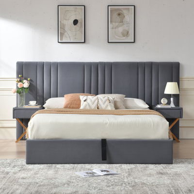 Wide Velvet Upholstered Gas Lift Storage Bed with Integrated Nightstands