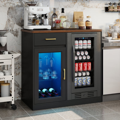 Coffee Bar Cabinet, Wine Cabinet with LED Light Strip, Power Outlet, Wine Rack for Mini Fridge Space
