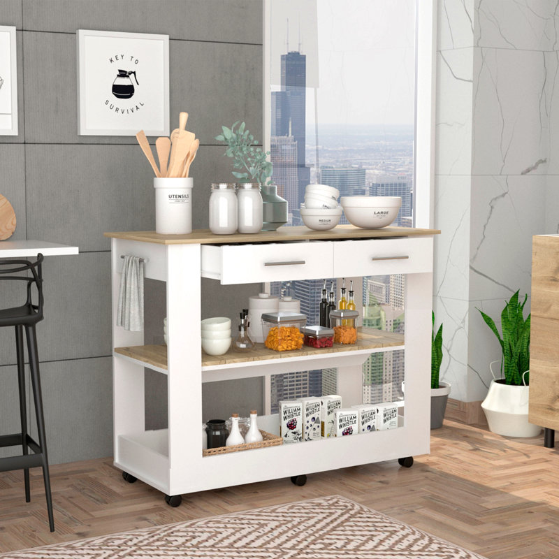 Kitchen Island 46,  Six Casters, Two Drawers, Lower Open Shelf
