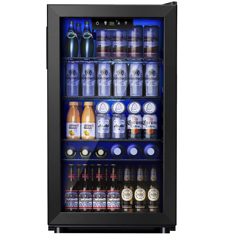 Simzlife 17.3'' W 130 Cans (12oz.) 3.3 Cubic Feet Freestanding Beverage Refrigerator with Glass Door, Black