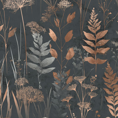 Papier de contact à peler et coller avec feuillage botanique et feuilles métalliques cuivrées beiges à texture foncée auto-adhésive et amovible 24 po x 118 po (60 x 300 cm)