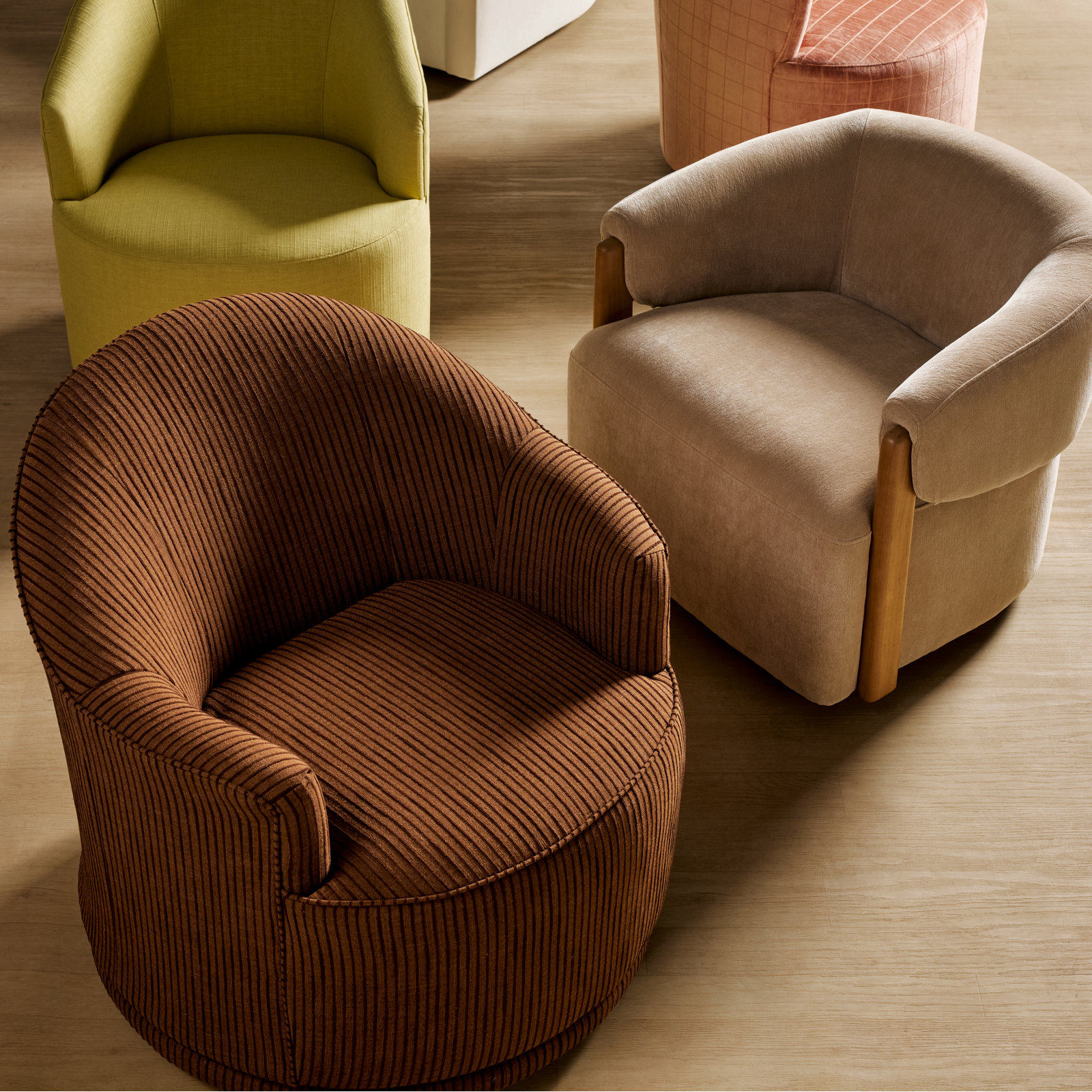 Upholstered Swivel Barrel Chair, Clove Tonal Stripe Performance
