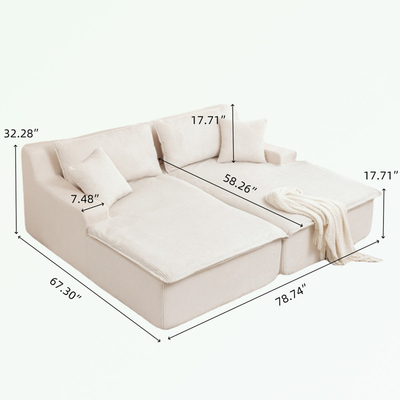 Canapé-lit rembourré avec coussin et coussins moelleux, Velours côtelé beige