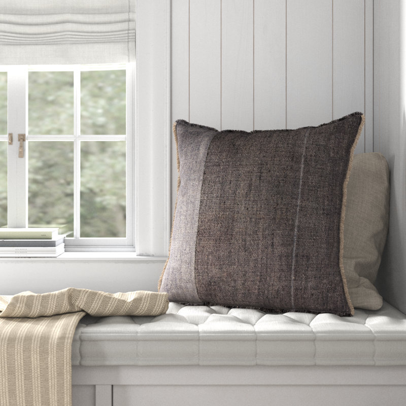Rockefeller Fringed Linen Reversible Throw Pillow, Polyester, Gray, 24" H x 24" W