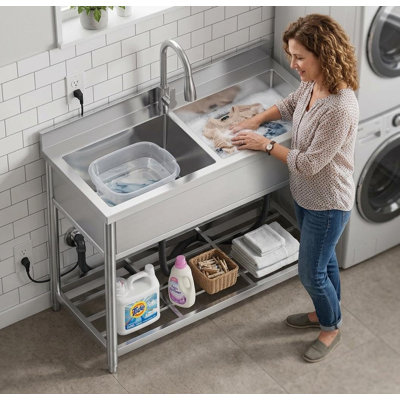 Bassin utilitaire autoportant en acier inoxydable, cuve unique extra large, robinet extractible en laiton, bassin profond pour usage commercial (restaurants, buanderies), grande capacité pour la cuisine, le garage, l'atelier, le lavage des animaux.