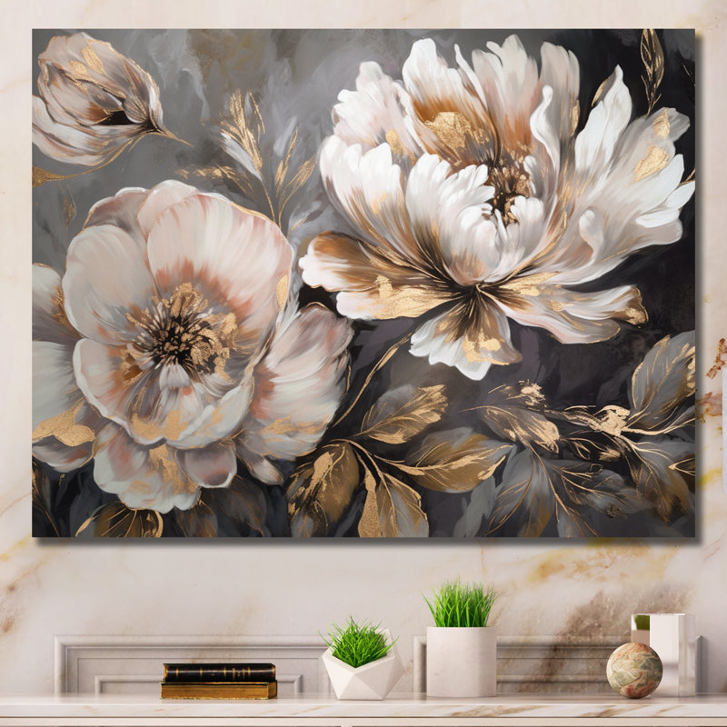 White Grey Peony Blooms In Motion IV - Canvas Wall Art, 16" H x 32" W, Wrapped Canvas, No Frame