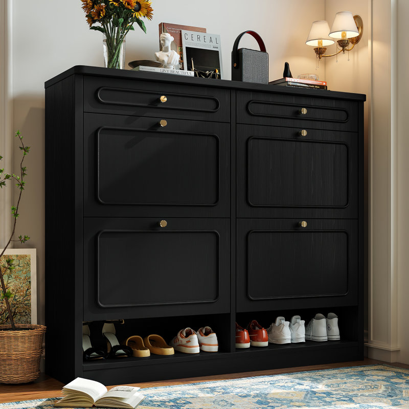 Farmhouse Shoe Storage Cabinet With Drawers, Engineered Wood And Sturdy Construction, Black