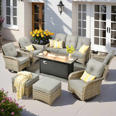 Heshum 9 Pieces Patio Furniture Set With 54" Fire Pit Table, Outdoor Wicker Sofa With Swivel Rocking Glider Chairs, High Back Couch Conversation Set