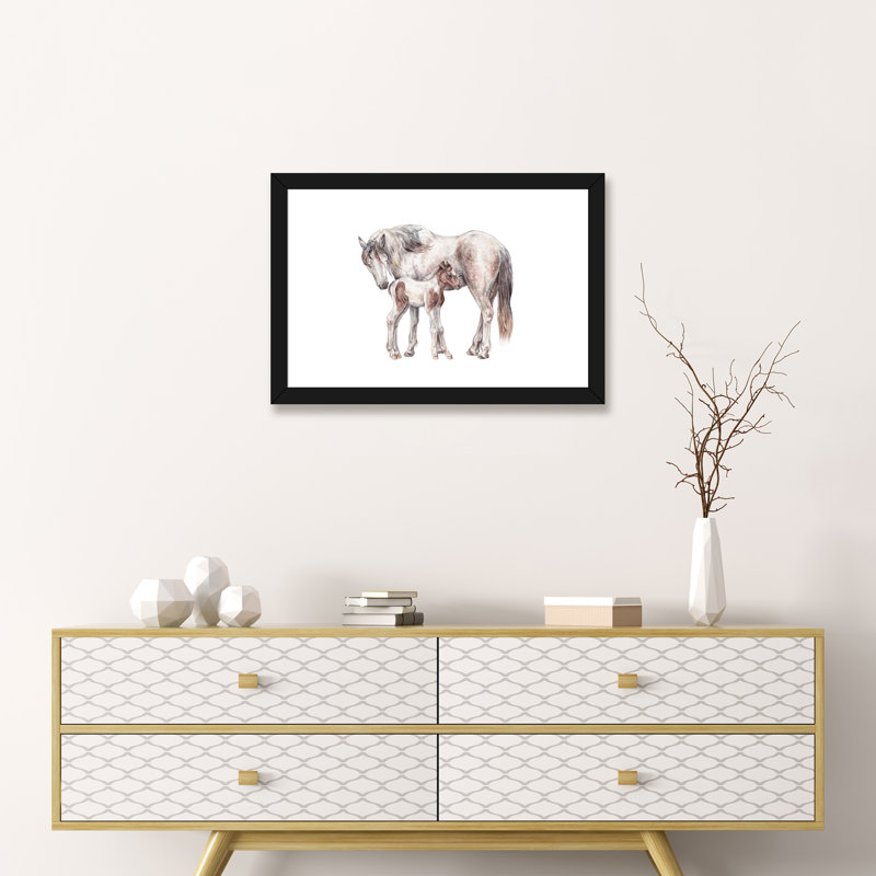 «Horse and Foal» par Wandering Laur - impression d'art graphique, Blanc, H 16 po x l 24 po x P 1 po, Papier encadré noir