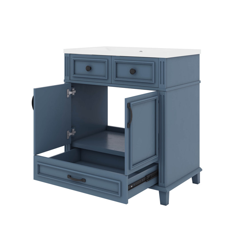 30 Inch Bathroom Vanity Sink Unit With 2 Doors And 1 Deep Drawer, Blue/Black