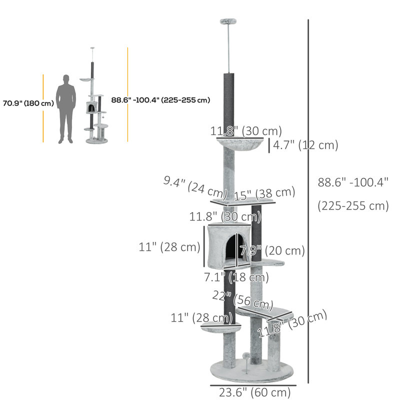 89"-100 Floor to Ceiling Cat Tree w/ Anti-tip Kit, Grey