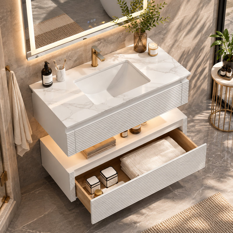 Meuble-lavabo mural 36 po avec tiroir à fermeture en douceur, plateau en pierre reconstituée et lumière DEL - blanc, Blanc
