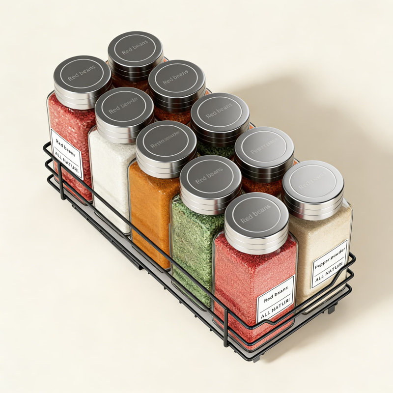 Organisateur à épices escamotable pour armoire - Organisateur d'épices coulissant robuste avec glissières à roulement à billes lisses, conception peu encombrante pour la cuisine et le garde-manger