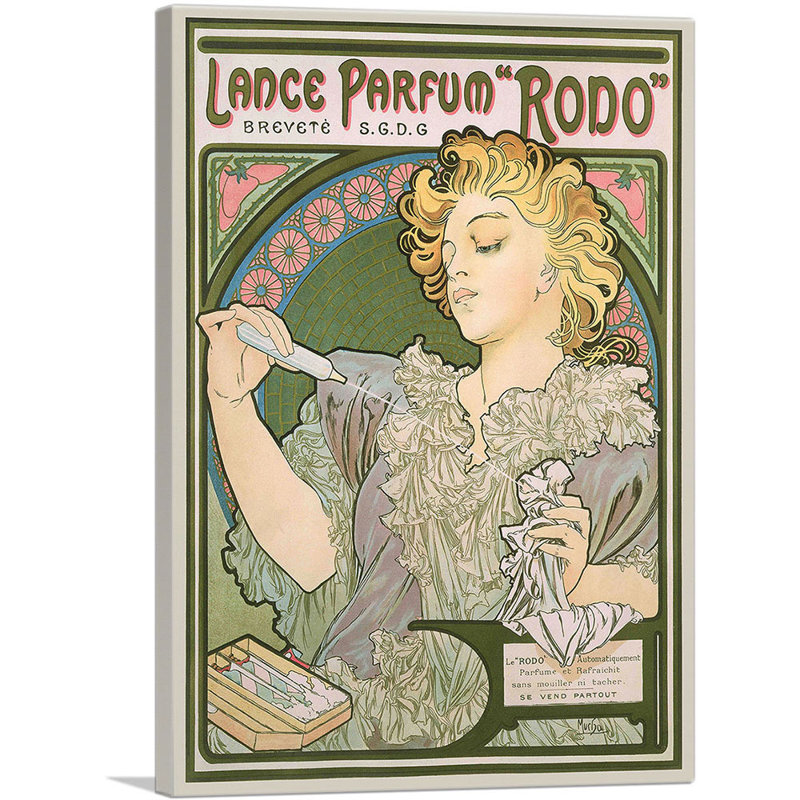 Lance parfum Rodo 1896 par Alphonse Mucha - reproduction d'art sur toile tendue, H 40 po x l 26 po x P 1,5 po