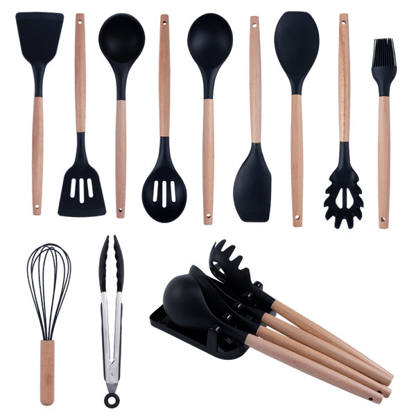 Miusco 5 Piece Silicone Cooking Utensil Set with Natural Acacia Hard Wood Handle